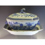 AN 18th C.CHINESE BLUE AND WHITE SOUP TUREEN, COVER AND STAND PAINTED WITH VASES OF FLOWERS WITHIN A