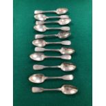 A SET OF TEN GEORGE IV FIDDLE PATTERN TEA SPOONS BY EDWARD POWER, DUBLIN 1828 TOGETHER WITH