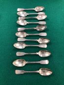 A SET OF TEN GEORGE IV FIDDLE PATTERN TEA SPOONS BY EDWARD POWER, DUBLIN 1828 TOGETHER WITH
