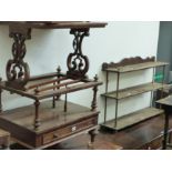 A VICTORIAN WALNUT CANTERBURY WHAT NOT TOGETHER WITH A MAHOGANY WALL SHELF WITH BRASS SUPPORTS AND A