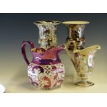 ATTRIBUTED TO LOUISE POWELL, FOUR WEDGWOOD LUSTRE WARES, TO INCLUDE: TWO SILVER LUSTRE VASES, A