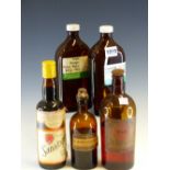 FIVE BROWN GLASS BOTTLES VARIOUSLY STOPPERED AND WITH CONTENTS: TRIPLE ORANGE-FLOWER WATER,