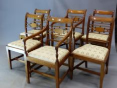 A SET OF EIGHT EARLY 19th C. FRUITWOOD AND MAHOGANY DINING CHAIRS INCLUDING TWO WITH ARMS, EACH BAC