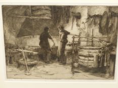 M.C. ROBINSON (1875-1953) THE BLACKSMITH, PENCIL SIGNED ETCHING. 29 x 38cms