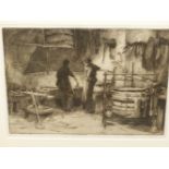 M.C. ROBINSON (1875-1953) THE BLACKSMITH, PENCIL SIGNED ETCHING. 29 x 38cms