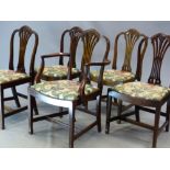 A SET OF SIX 20th C. MAHOGANY DINING CHAIRS TO INCLUDE ONE WITH ARMS, THE TREFOIL TOP RAILS ABOVE