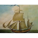 A DECORATIVE MARINE PAINTING OF A SHIP UNDER SAIL, OIL ON CANVAS 68 x 74 cms