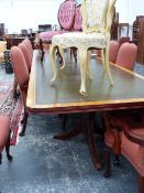 A CONTEMPORARY SATIN WOOD CROSS BANDED MAHOGANY BOARD ROOM TABLE SUPPORTED ON FOUR COLUMNS EACH WITH