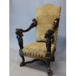 AN ANTIQUE ITALIAN WALNUT THRONE, THE ARMS WITH FIGURAL SUPPORTS AND WITH PUTTI RECLINING CLOSE TO