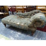 A VICTORIAN UPHOLSTERED CHAISE LOUNGE ON MAHOGANY TURNED LEGS AND BRASS CASTERS. H 73 X W 153 X D