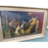 AN IMPRESSIVE GILT FRAMED SCENE OF CLASSICAL FIGURES POSSIBLY REPRESENTING A JUDGEMENT, OIL ON