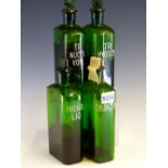 FOUR GREEN GLASS PHARMACY BOTTLES AND STOPPERS, THE NARROW SIDES OF THE RECTANGULAR BODIES