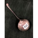 A GEORGE III SILVER SOUP LADLE, LONDON DATE LETTER OBSCURED, A SHELL BOWL TO THE BRIGHT CUT STEM,