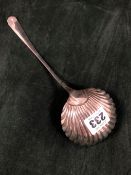 A GEORGE III SILVER SOUP LADLE, LONDON DATE LETTER OBSCURED, A SHELL BOWL TO THE BRIGHT CUT STEM,