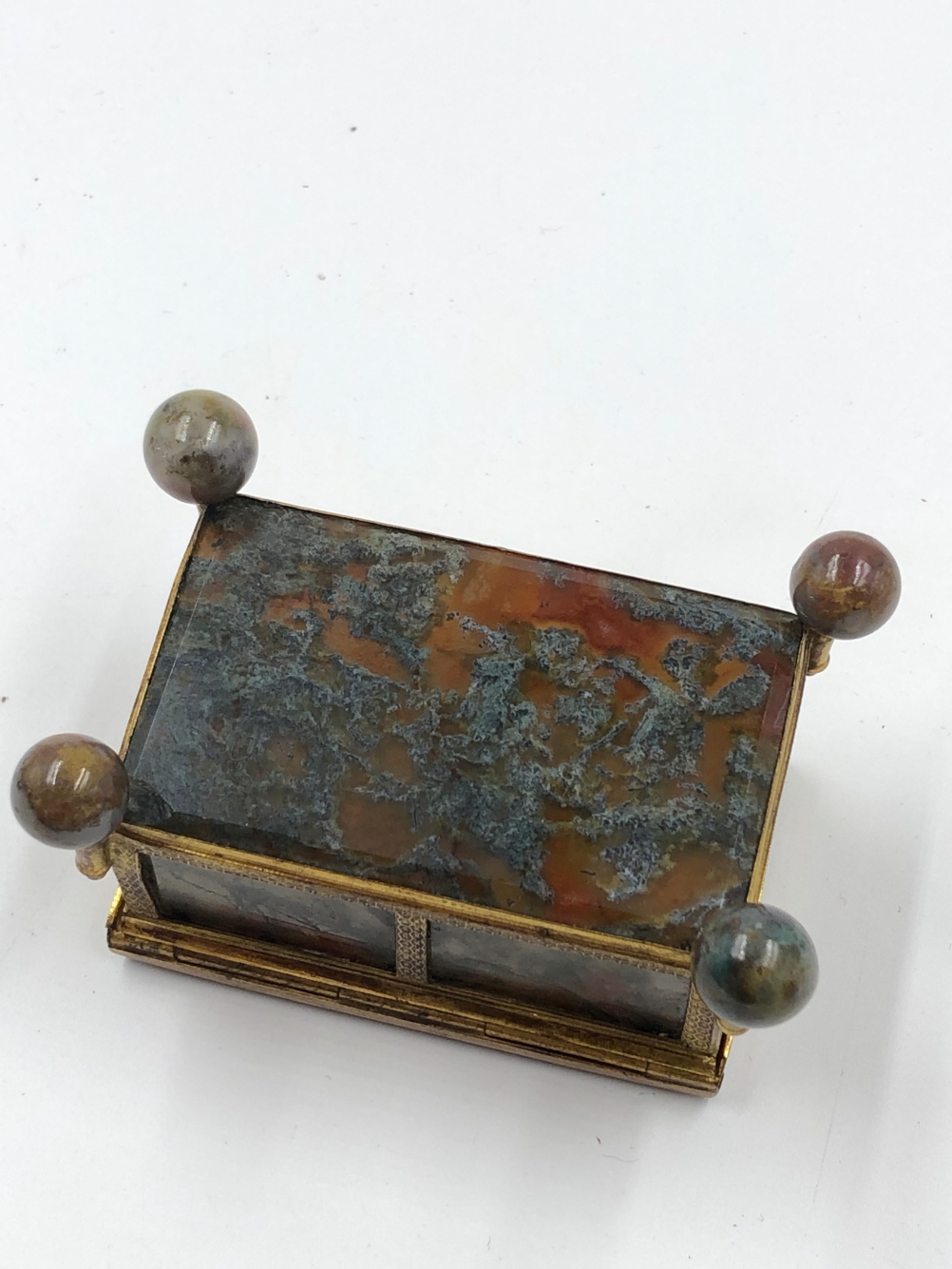 A 19th C. PIETRA DURA BOX, THE CHEQUER BOARD INLAY ABOVE FOUR BALL FEET. W 7cms. A RED AND GREEN - Image 5 of 19