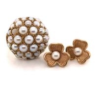 A VINTAGE 9ct HALLMARKED MULTI PEARL BOMBE RING. CIRCA 1960'S, TOGETHER WITH A PAIR OF PEARL FOLIATE