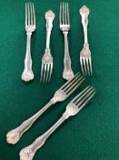 AN HARLEQUIN SET OF SIX SHELL, THREAD AND HOURGLASS PATTERN TABLE FORKS BY GEORGE ADAMS, LONDON