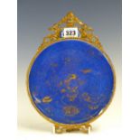A CHINESE POWDER BLUE DISH GILT WITH VASES AND MOUNTED IN EUROPEAN GILT METAL WITH AMORINI