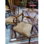 A REGENCY BRASS LINE INLAID MAHOGANY ELBOW CHAIR WITH REEDED SCROLLING ARMS TOGETHER WITH A LATER