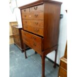 A CHIPPENDALE REVIVAL GEOMETRICALLY LINE INLAID MAHOGANY SECRETAIRE CHEST ON STAND WITH TWO SHORT