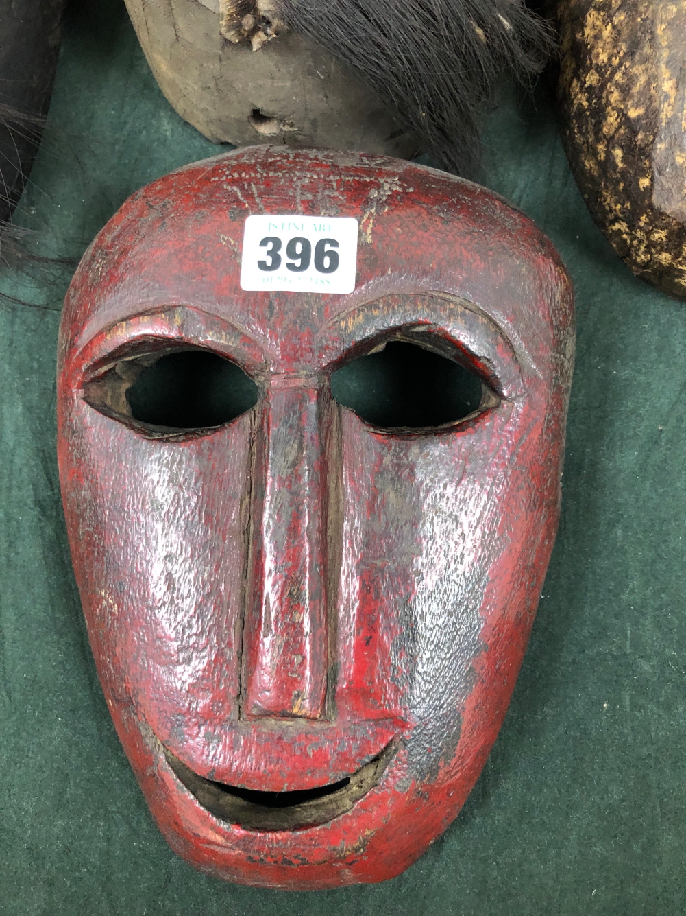 THREE NEPALESE CARVED WOODEN MASKS TOGETHER WITH A YAO WOODEN MASK, THE LARGEST MOUNT WITH HAIR - Image 3 of 18