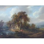 CIRCLE OF GEORGE MORLAND (1763-1804) RURAL LANDSCAPE OIL ON PANEL 25 x 35 cms