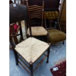 A WILLIAM BIRCH DESIGN RUSH SEATED CHAIR AND ANOTHER SIMILAR TOGETHER WITH AN ARTS AND CRAFTS