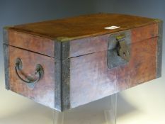 A CHINESE BURR WOOD BOX MOUNTED WITH IRON HANDLES AND CORNER STRAPS. W 33 x D 21 x H 15cms.
