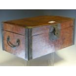 A CHINESE BURR WOOD BOX MOUNTED WITH IRON HANDLES AND CORNER STRAPS. W 33 x D 21 x H 15cms.