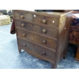 A LATE GEORGIAN OAK CHEST OF FIVE DRAWERS WITH KNOB HANDLES. H 94 X W 92 X D 45cms.