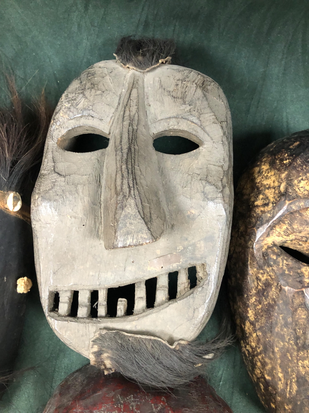 THREE NEPALESE CARVED WOODEN MASKS TOGETHER WITH A YAO WOODEN MASK, THE LARGEST MOUNT WITH HAIR - Image 4 of 18