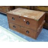 A 19th C. TEAK CAMPAIGN CHEST OF TWO LONG DRAWERS. W 76 x D 45 x H 46cms.