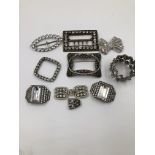 A COLLECTION OF VARIOUS ANTIQUE AND LATER PASTE AND DIAMANTE JEWELLERY TO INCLUDE BUCKLES, BROOCHES,