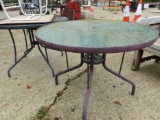 TWO GLASS TOP GARDEN TABLES AND RETRO KITCHEN TABLE