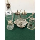 A SILVER THREE PIECE CRUET IN A CRADLE BY BELL AND BRASTED, LONDON 1877, A SILVER LIDDED PEPPER, A