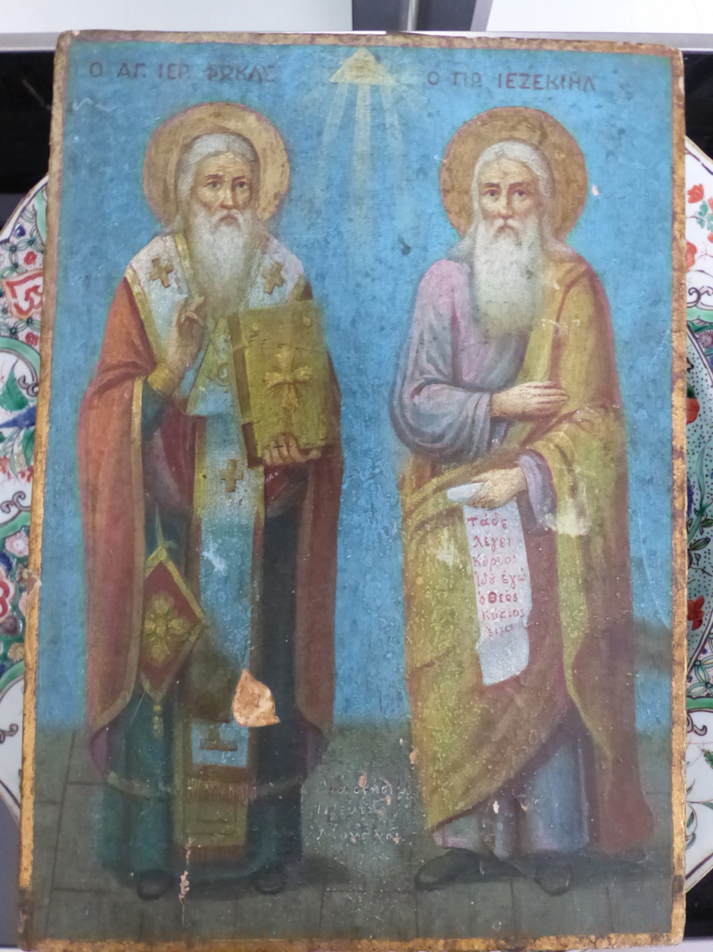 A VINTAGE RUSSIAN ICON DEPICTING TWO SAINTS