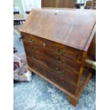 A GEORGE III FEATHER BANDED WALNUT BUREAU, THE FALL ABOVE FOUR GRADED DRAWERS AND BRACKET FEET. W 92