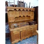 A LARGE ANTIQUE AND LATER PINE KITCHEN DRESSER. H 186 X W 185 X D 49cms.