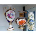 A SPODE TALL FLOWERED DECORATED VASE A DERBY EWER AND A MOORCROFT STYLE VASE