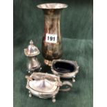 A SILVER THREE PIECE CRUET BY ROBERTS AND BELK, SHEFFIELD 1988, EACH WITH GADROONED RIM AND ON