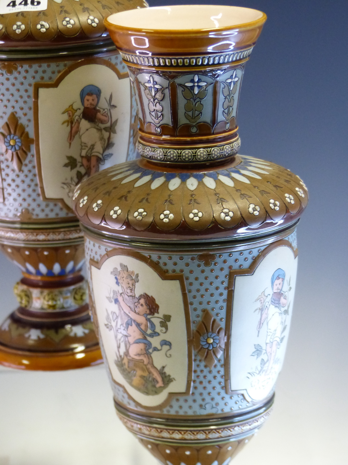 A PAIR OF METTLACH BALUSTER VASES INCISED WITH VIGNETTES OF PUTTI AMONGST FLOWERS ILLUSTRATING THE - Image 3 of 13