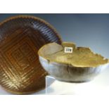 A CHINESE BASKET WORK BOWL, THE CENTRAL SQUARES WITH GOOD LUCK SYMBOLS. Dia 34cms. TOGETHER WITH A