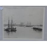 E. BEJOT (1867-1931) LE PORT DE BORDEAUX, PENCIL SIGNED ETCHING. 24 x 29cms TOGETHER WITH A VENETIAN