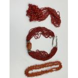 A VINTAGE MULTI STRAND CORAL STATEMENT NECKLACE. LENGTH APPROX. 48.5cm. TOGETHER WITH A BRANCH CORAL