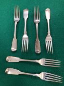 SIX GEORGE III SILVER FIDDLE PATTERN DESSERT FORKS, FIVE BY WILLIAM SUMNER, LONDON 1801 AND THE