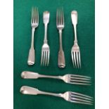 SIX GEORGE III SILVER FIDDLE PATTERN DESSERT FORKS, FIVE BY WILLIAM SUMNER, LONDON 1801 AND THE