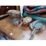 FOUR VARIOUS COPPER SAUCEPANS, TWO COVERS AND TWO COPPER FRYING PANS