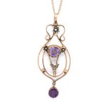 A ANTIQUE 9ct GOLD, AMETHYST AND SEED PEARL ART NOUVEAU STYLE PENDANT SUSPENDED ON A UNHALLMARKED