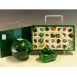 TWO MALACHITE EGGS, A BOWL AND A MALACHITE BOX CONTAINING 28 MINERAL SPECIMENS, THE BOX LID. 18 x