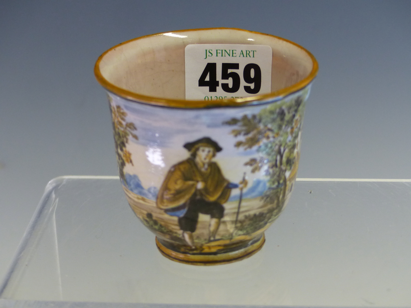 A MID 18th C. CASTELLI MAIOLICA COFFEE CUP PAINTED WITH A WAYFARER AMONGST TREES WITH DISTANT - Image 2 of 6